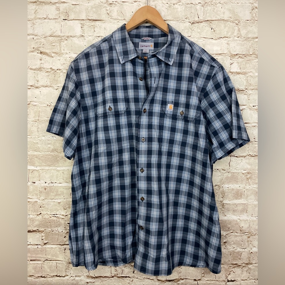 Carhartt Button Up Shirt Mens 2XL Blue White Plaid Short Sleeve Pockets Camp